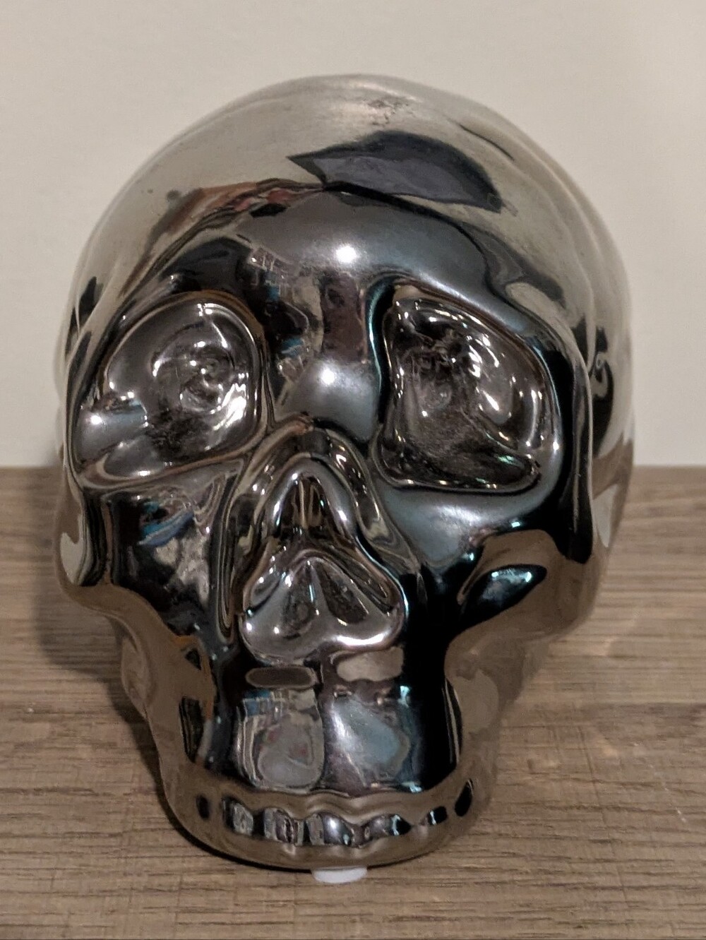 Chrome Skull Coin Bank Ceramic Silver Gothic Halloween Decor 4"